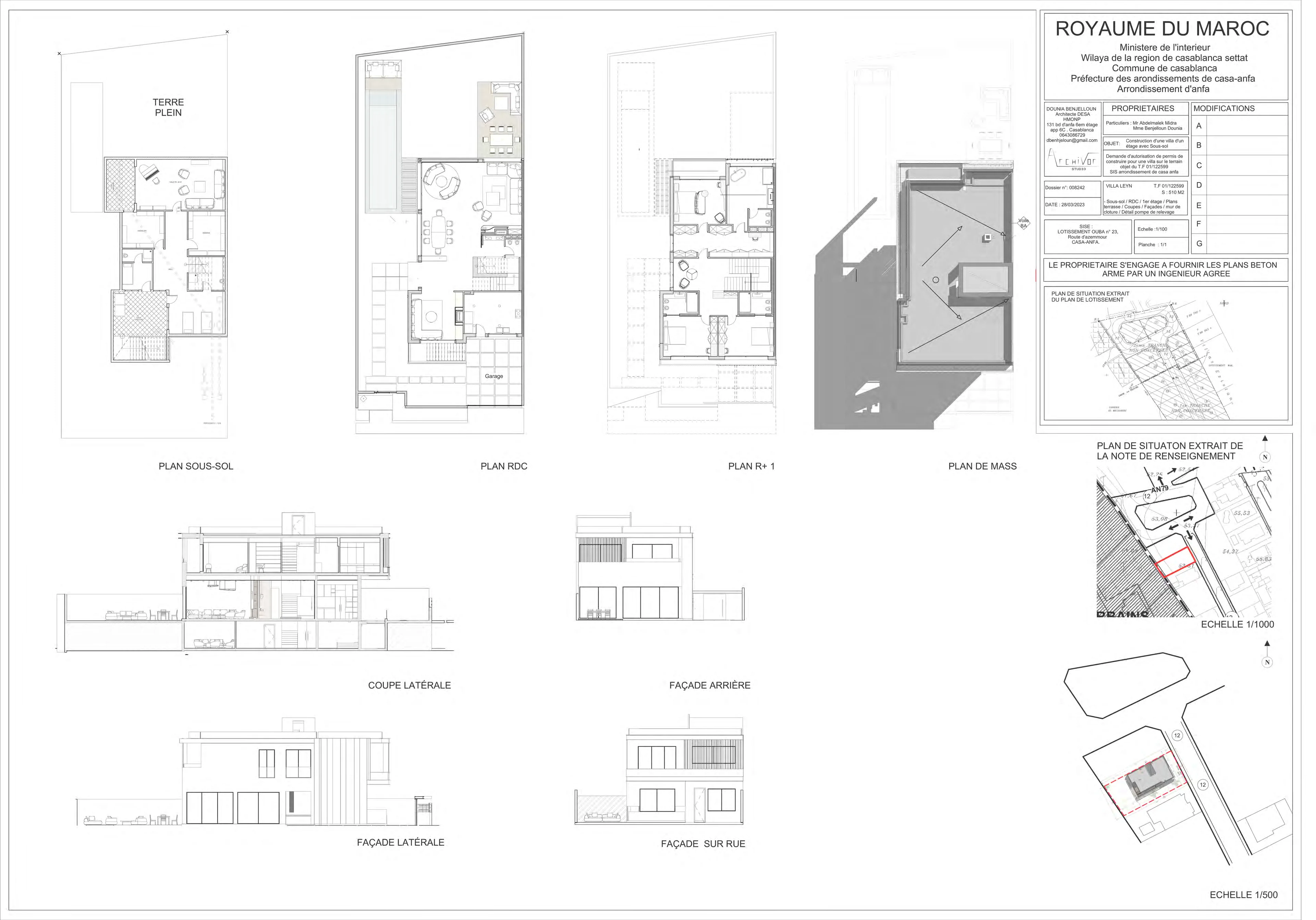 Villa Lisière — plans, façades et coupe (tracé architectural)